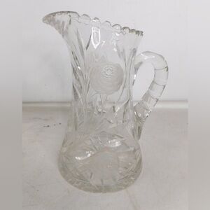 Antique Clear Glass Pitcher with Floral Design small chip functional 9.5” X 6”